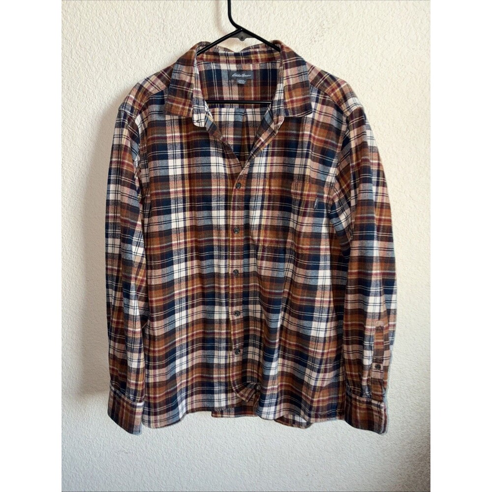 Eddie Bauer Flannel Plaid Shirt Orange Fall Mens Button Up XXL Holiday Outdoor